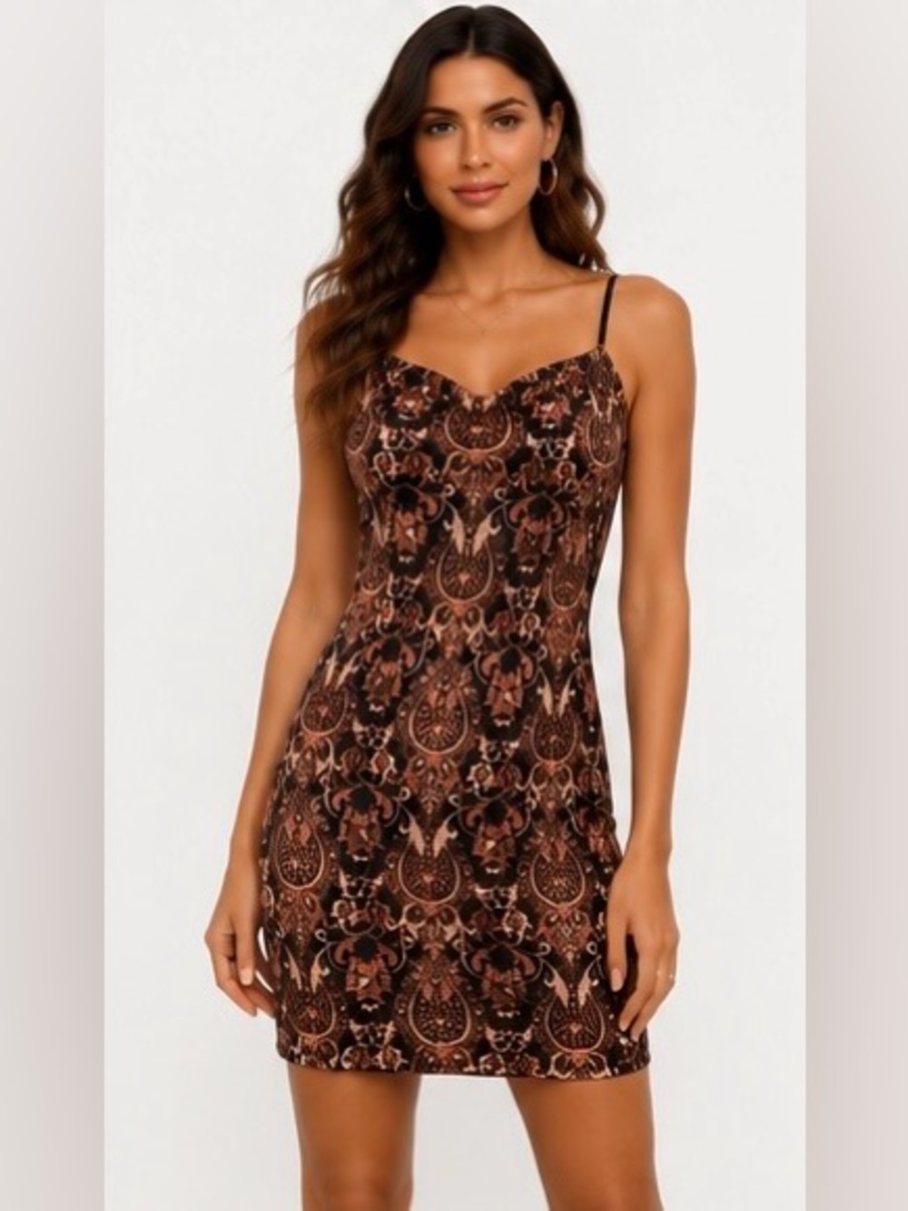 Bear Dance Paisley Cowl Neck Bodycon Mini Dress Brown Size L
